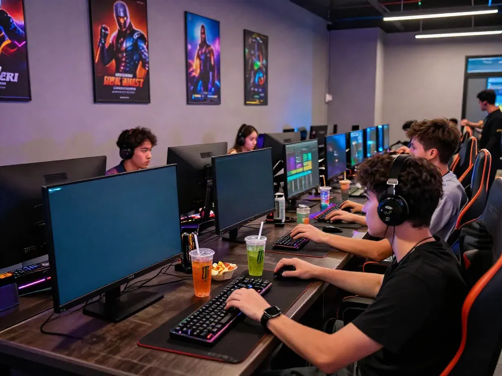 Exciting gaming lounge atmosphere with friends enjoying ทดลองสล็อต sessions together.