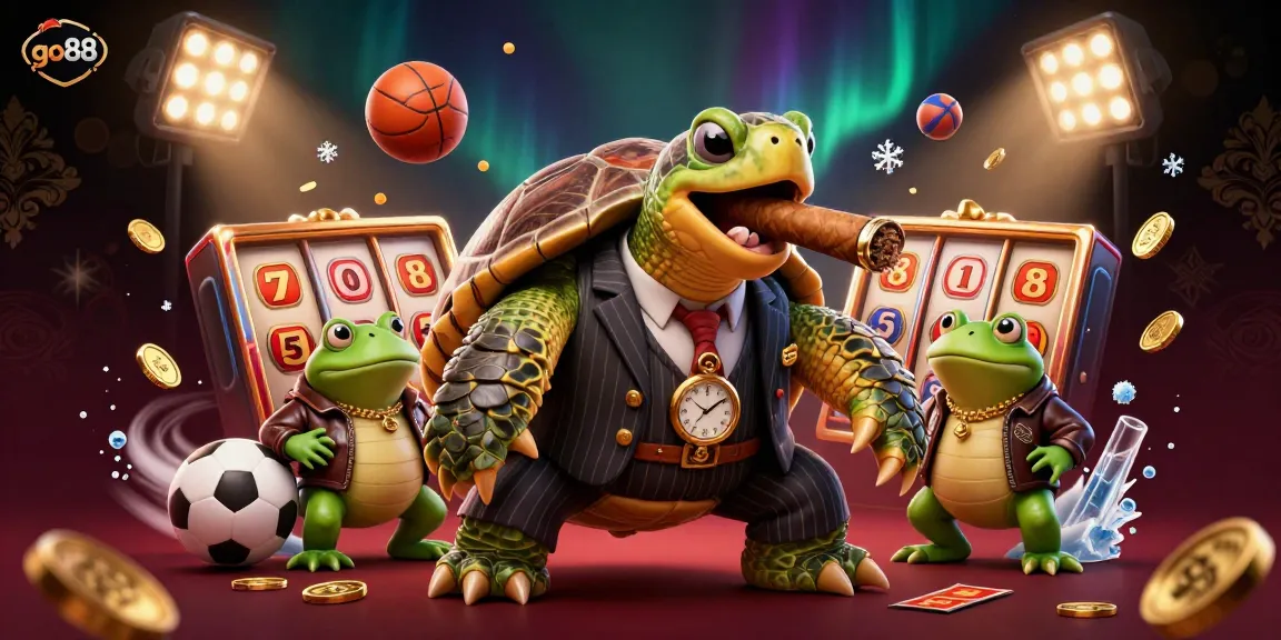 Engage with go88’s vibrant casino scene featuring a snapping turtle in vintage attire, surrounded by dynamic slot game elements.