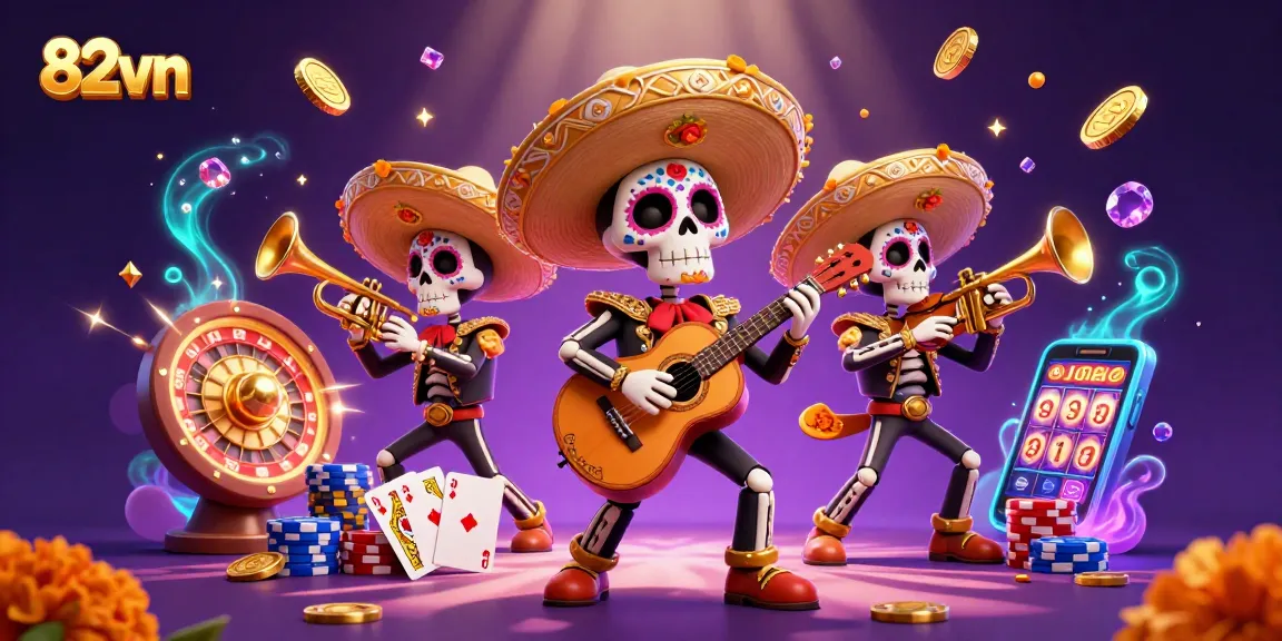 Experience vibrant excitement at 82vn with a colorful mariachi band and dynamic casino elements.