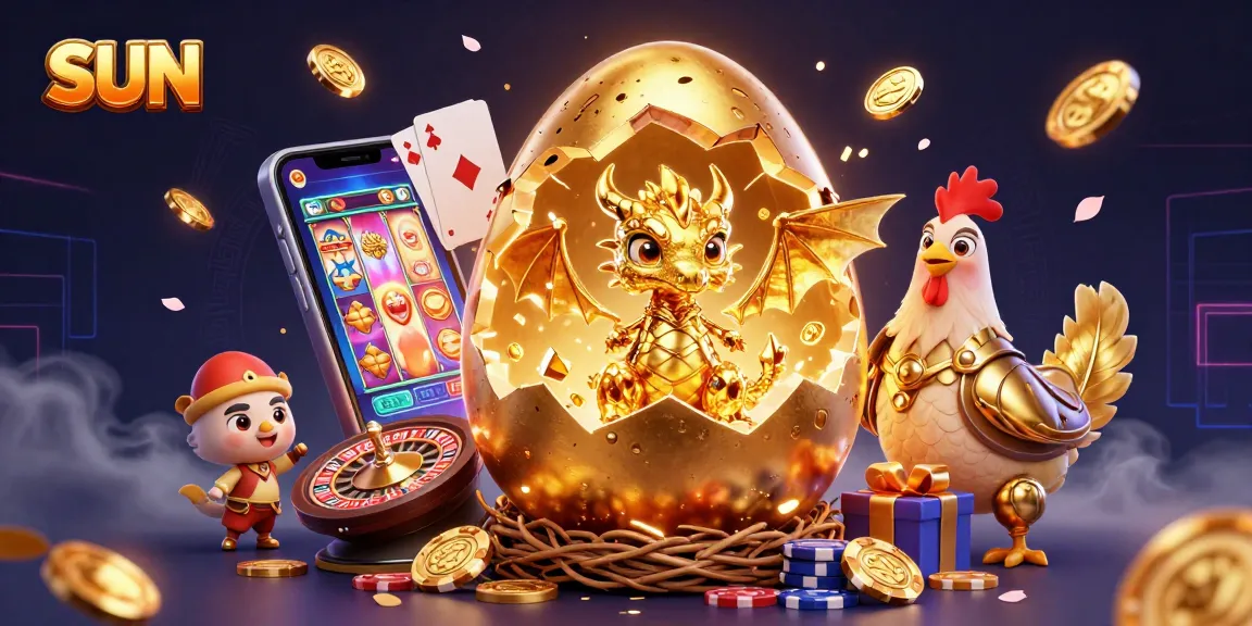 Win with sun shining on a golden baby dragon in a vibrant casino setting filled with poker chips and games