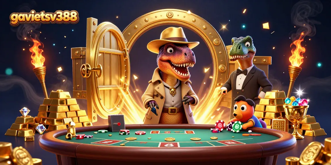 Experience the excitement at gavietsv388 with a cartoon velociraptor card counter at a blackjack table.