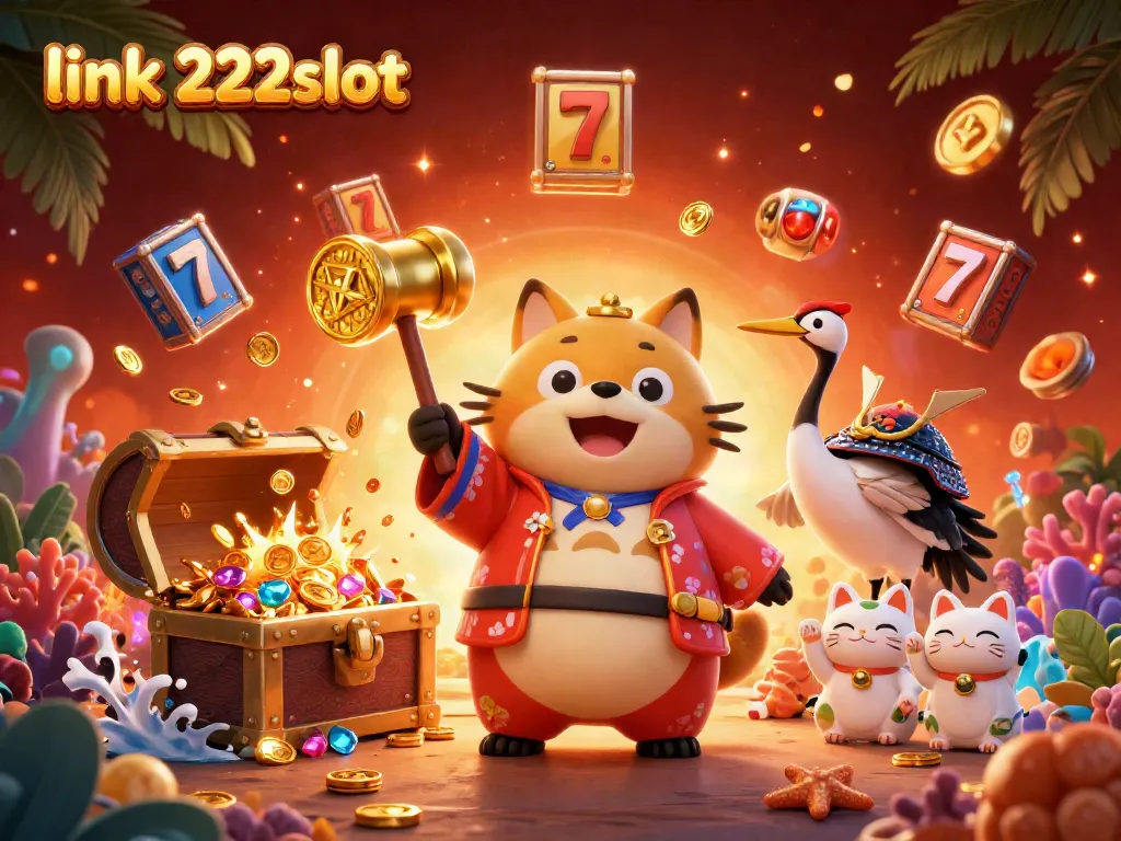 Link 222slot menyajikan ilustrasi 3D kartun dengan tanuki, crane, dan kucing keberuntungan dalam suasana judi online.