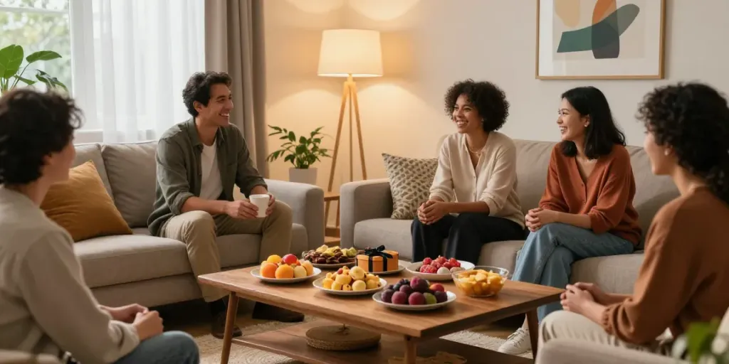 Adults sharing vibrant activist edibles treats in a cozy living room setting.