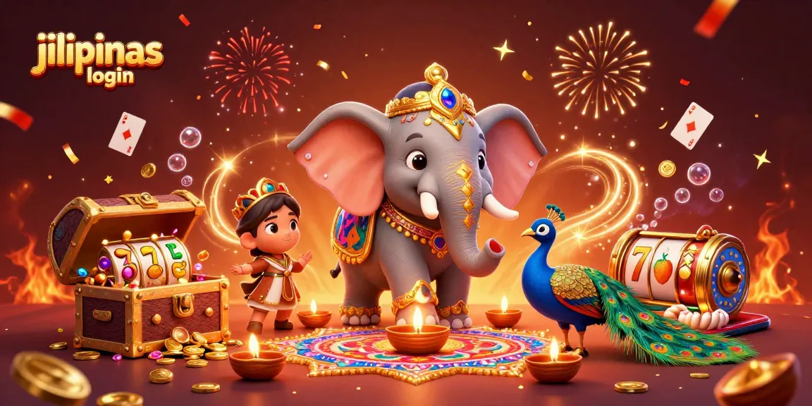Spin for rewards with jilipinas login, featuring a vibrant casino scene with Diwali-themed characters.
