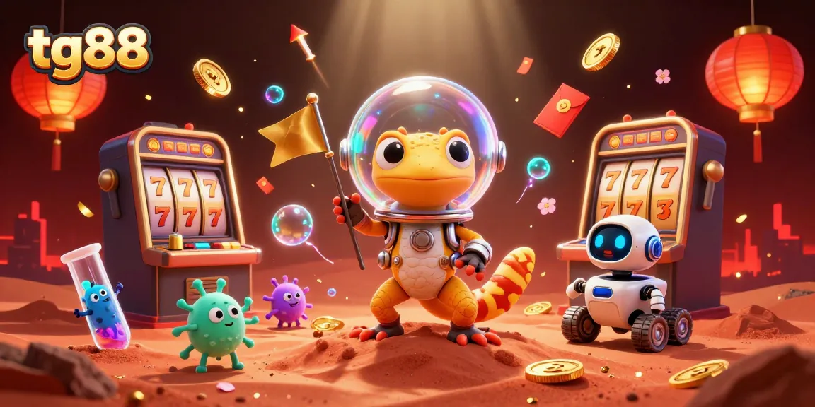 Play exciting slots with tg88 in a rich 3D scene featuring a Martian gecko and vibrant casino elements.