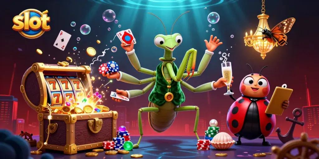 Slot yang menarik dengan karakter mantis raksasa dan bos ladybug dalam suasana kasino digital.