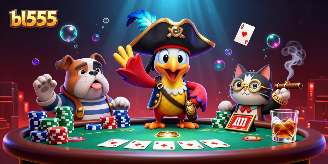Win big at bl555 with dynamic casino gaming featuring a pirate captain and friends at the poker table.