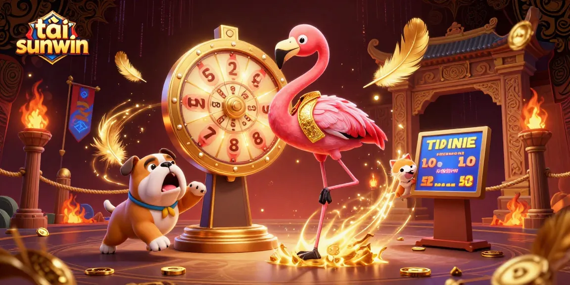 Spin to win with tải sunwin in this vibrant 3D gambling scene with game show elements and casino glamour.