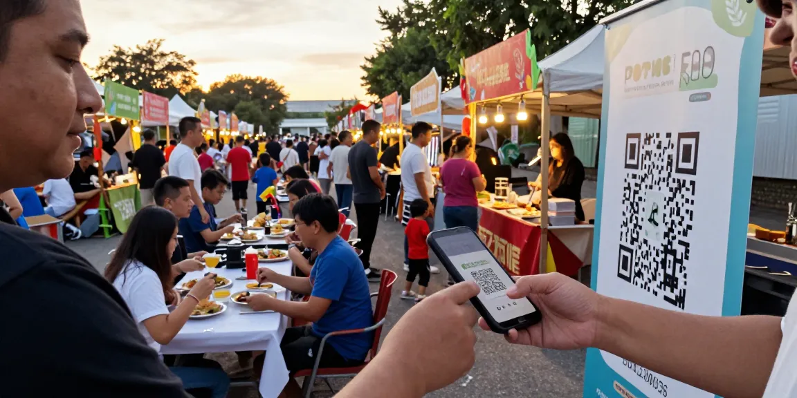 Using slot qris 5k for a mobile payment at a vibrant outdoor market.