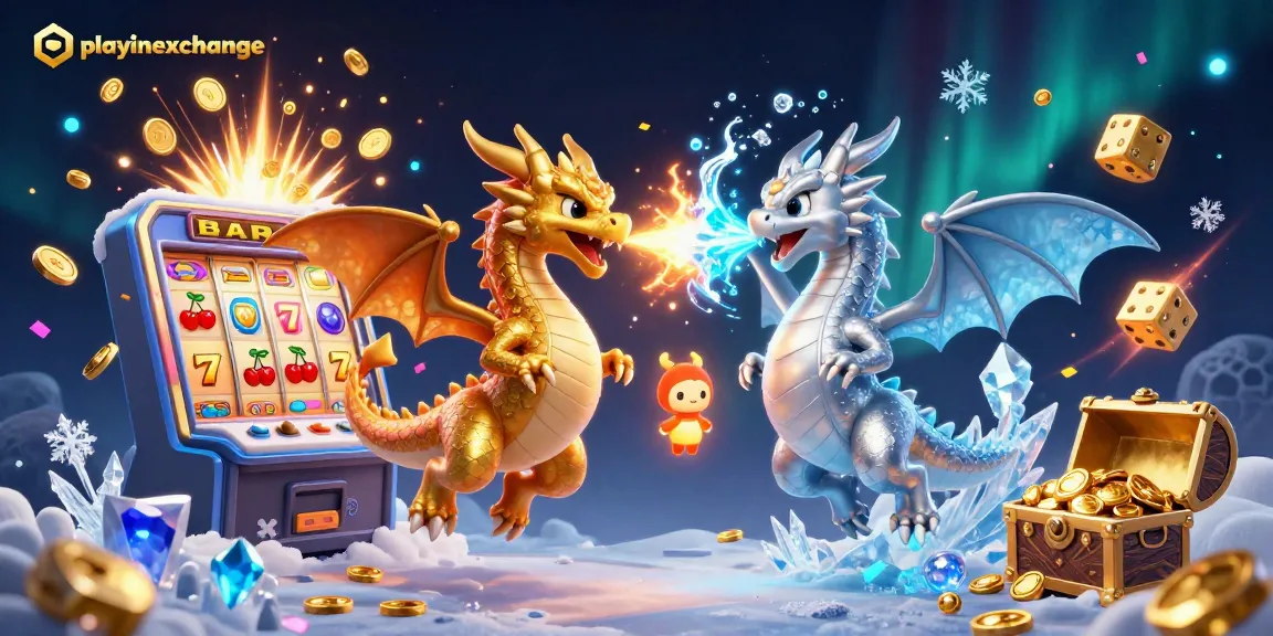 Engage with playinexchange through an exhilarating jackpot burst featuring cartoon dragons and vibrant casino elements.