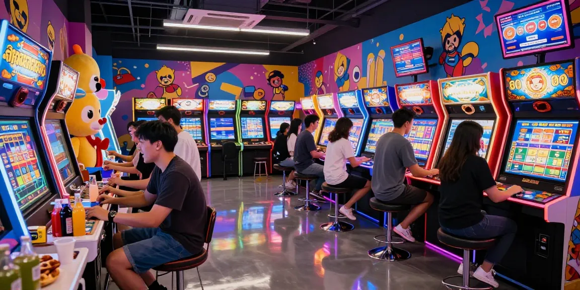 Excited friends playing สล็อตวอเลท at a colorful arcade, capturing a vibrant gaming atmosphere.