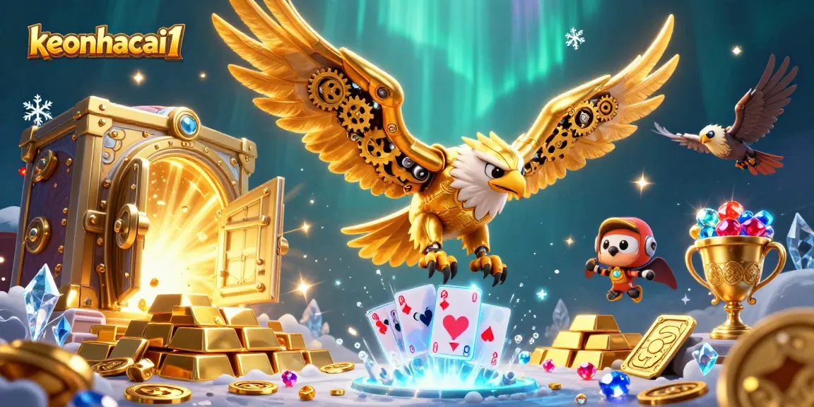 Experience thrilling wins with keonhacai1 in a vibrant 3D casino scene filled with treasure and excitement.