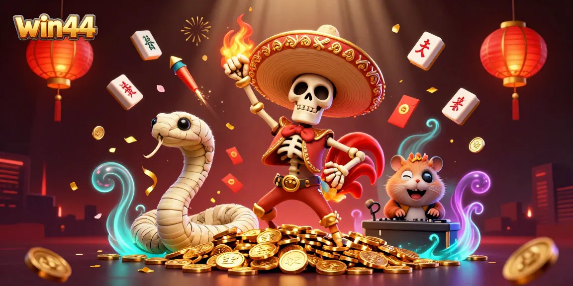 Engage with win44's vibrant 3D representation of gaming excitement featuring unique characters in a colorful casino scene.