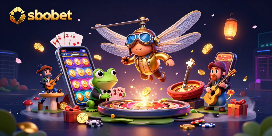 Sbobet offers thrilling betting action with a whimsical 3D illustration featuring a dragonfly pilot and casino elements.