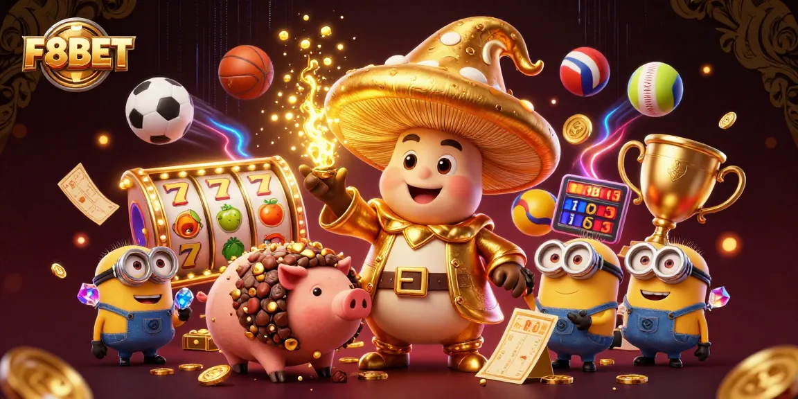 Experience excitement and winning magic with F8BET's colorful 3D casino illustration featuring golden treasures and vibrant games.