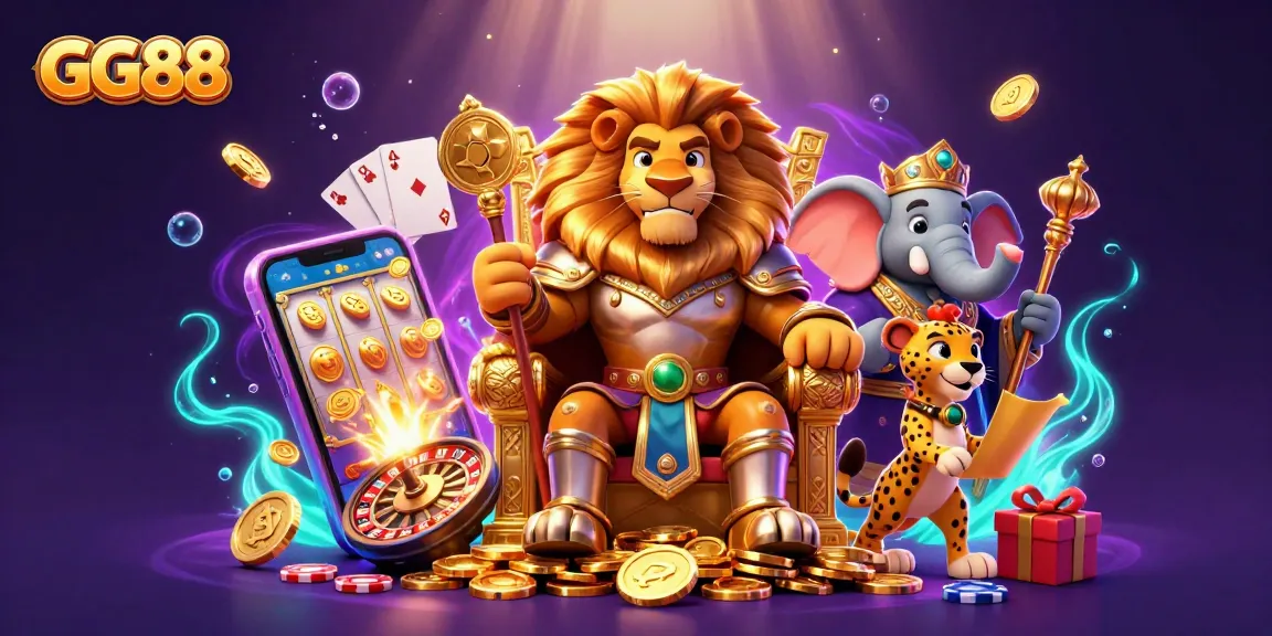 Engage with GG88's vibrant casino universe, featuring a lion king and gaming icons in a dazzling 3D scene.