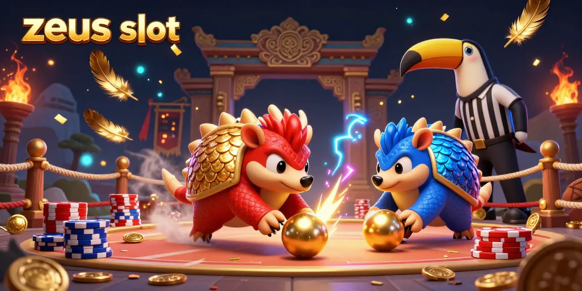 Experience the excitement of zeus slot with rival pangolins battling through casino elements in a colorful, dynamic atmosphere.