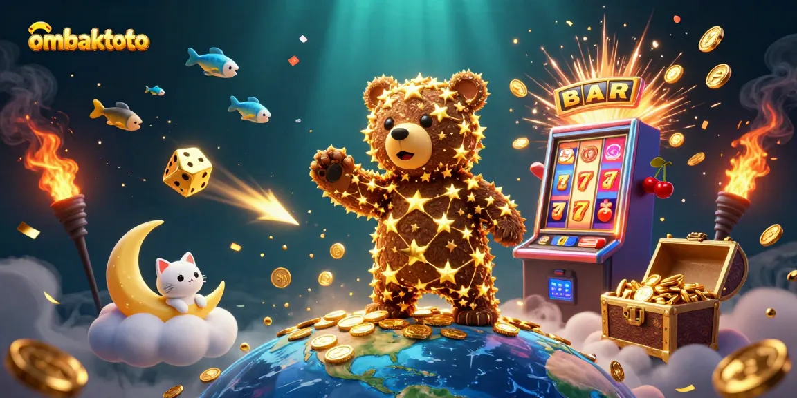 Experience excitement at ombaktoto with a vibrant illustration of casino-themed characters and symbols.