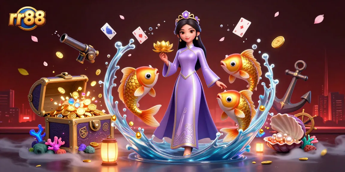 Spin to win with rr88, vibrant casino illustration featuring a graceful woman and golden koi.