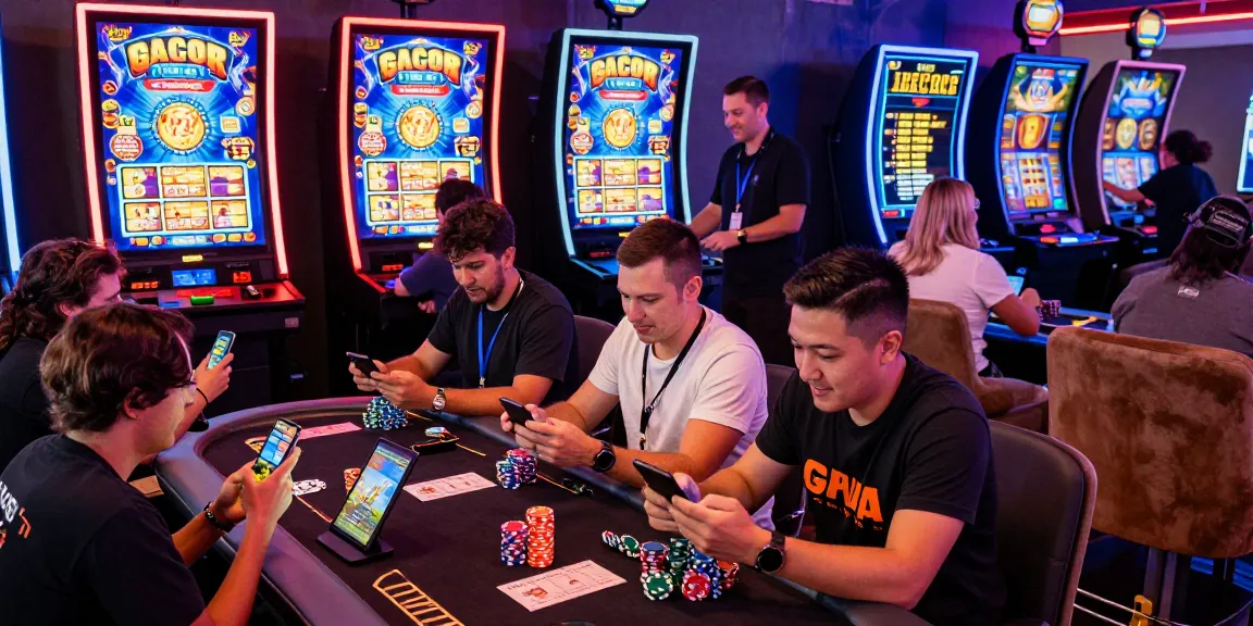 Atmosfer permainan slot gacor yang dinamis dengan pemain beragam merayakan kemenangan