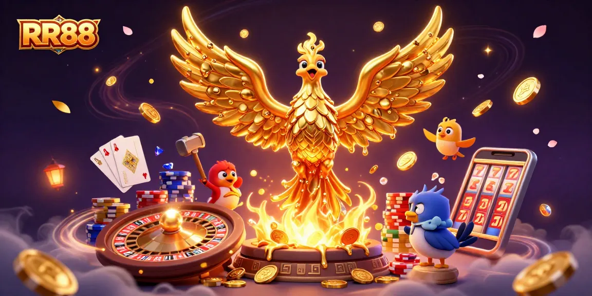 Experience RR88's thrilling gaming with gold phoenix, roulette, and sparkling casino elements
