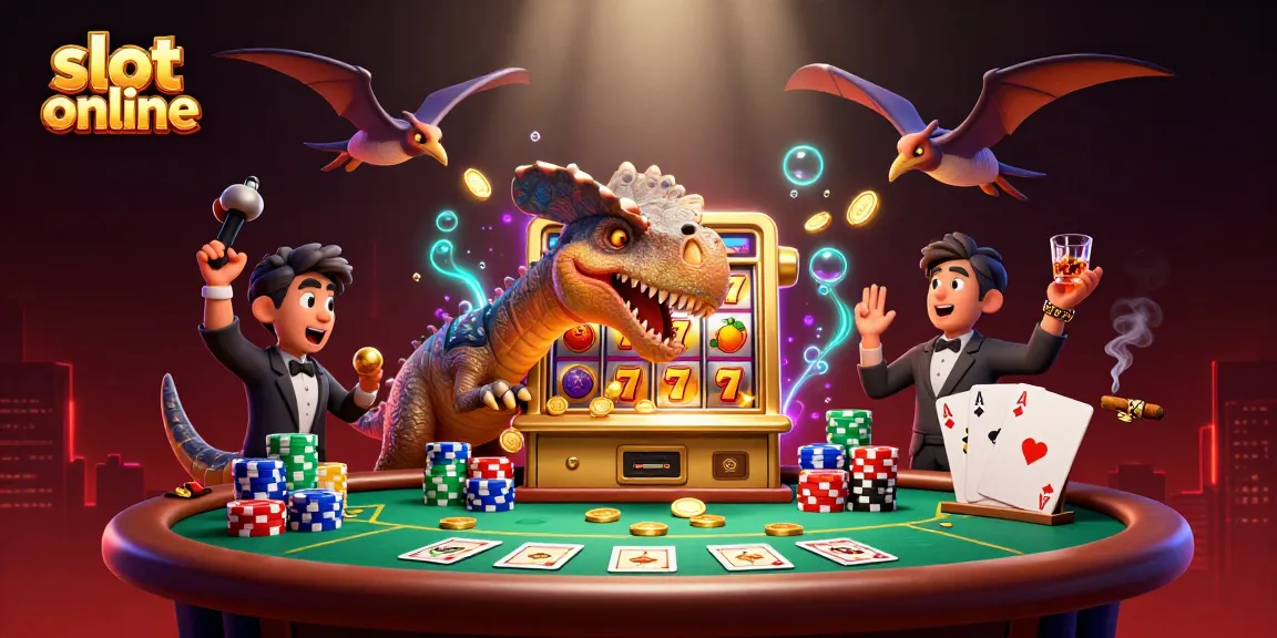 Slot online dengan dinosaur 3D dan mesin slot, jackpot koin berhamburan.