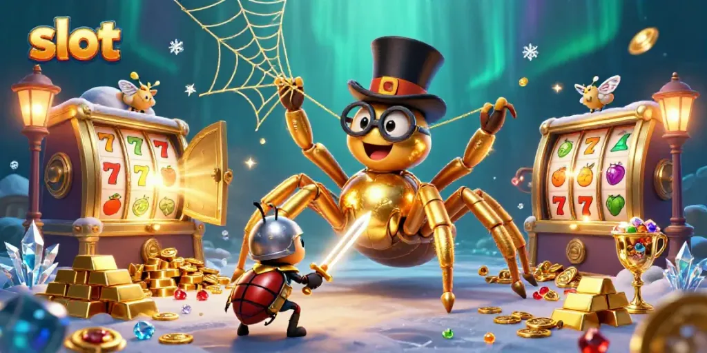 Engaging slot-themed illustration showcasing a golden tarantula, beetle knight, and dynamic casino elements.