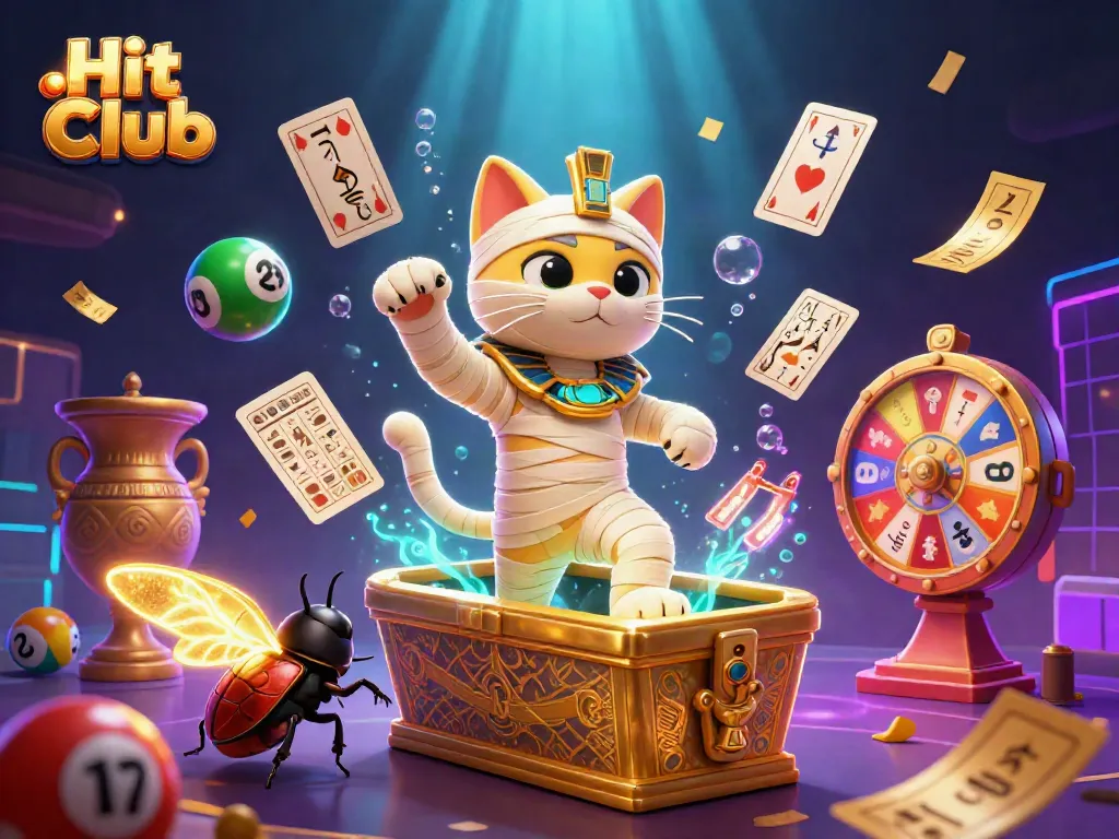 Experience the excitement at Hit Club with a magical scene featuring a cartoon mummy cat and colorful casino elements.