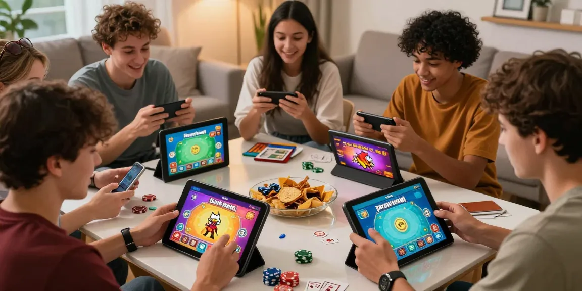 Friends playing Card Rummy game on smartphones in a lively setting