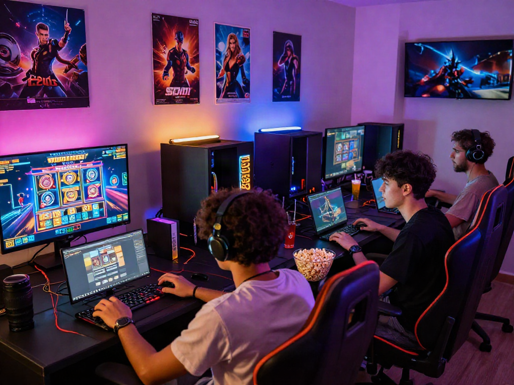 Friends enjoying an engaging gaming session with slot88 on multiple devices amidst vibrant lights and snacks.