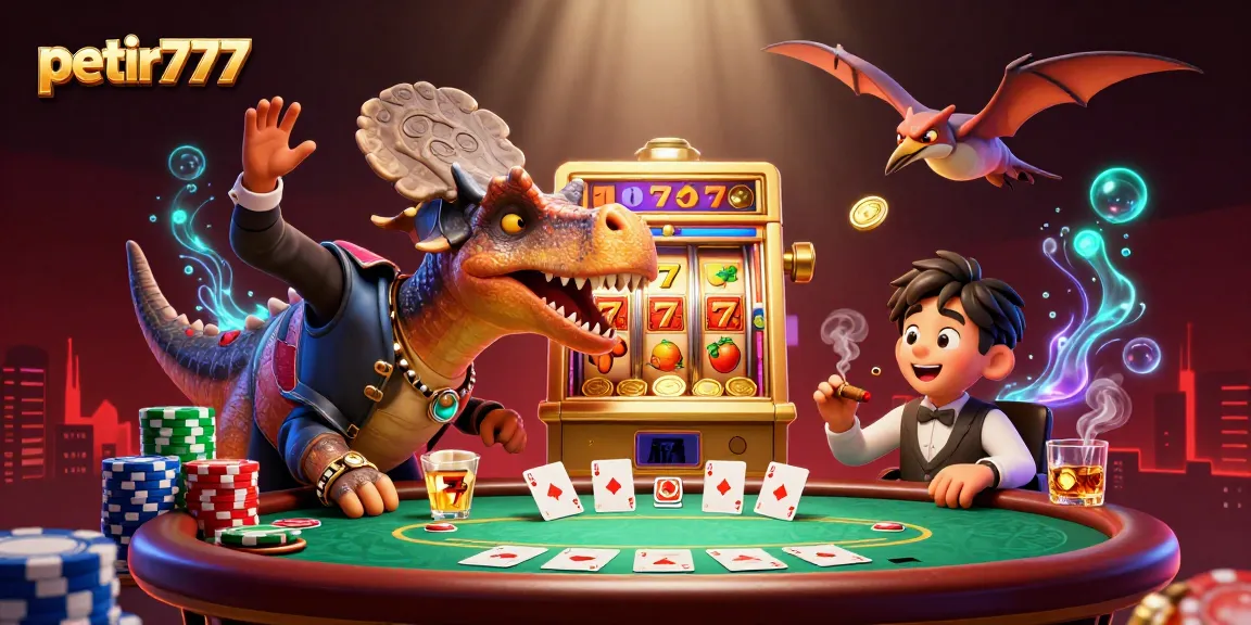 Experience the thrill of petir777 with a dynamic 3D casino scene featuring cartoon dinosaurs and slot machines!