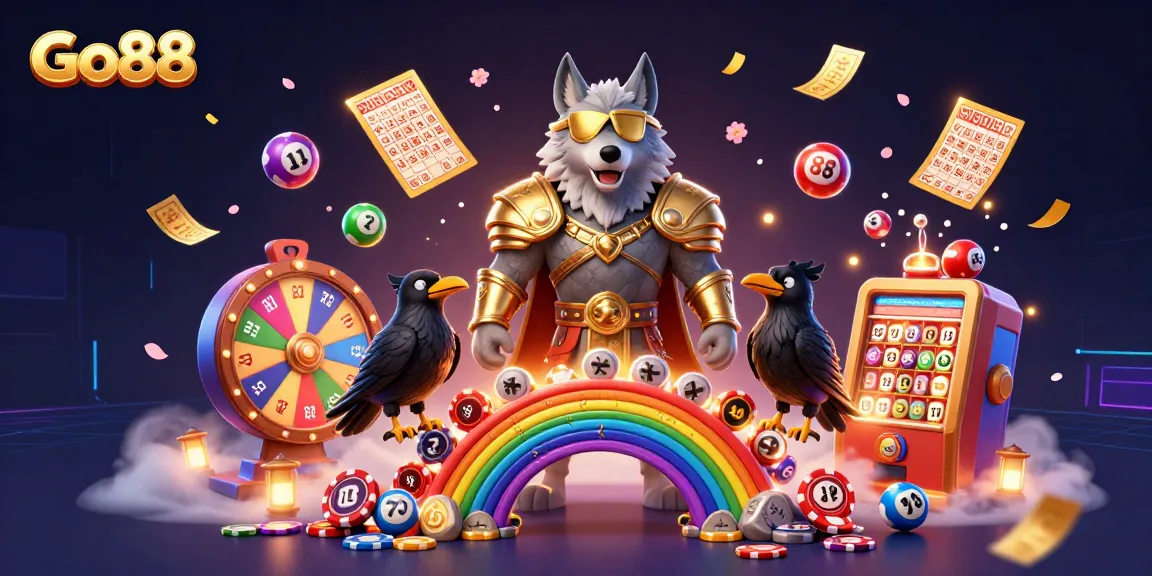 Experience Go88's thrilling lottery action with a Norse-inspired wolf and floating bingo elements.