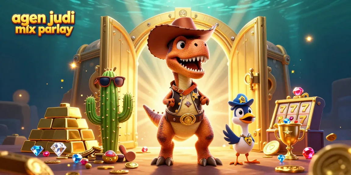 Experience the thrill of agen judi mix parlay with vibrant T-Rex, cactus, and roadrunner characters surrounded by slots and treasures.