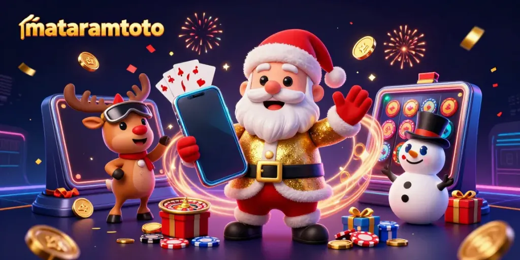 Experience jackpot thrills with mataramtoto as Santa Claus, reindeer dealer, and poker chip snowman celebrate wins!