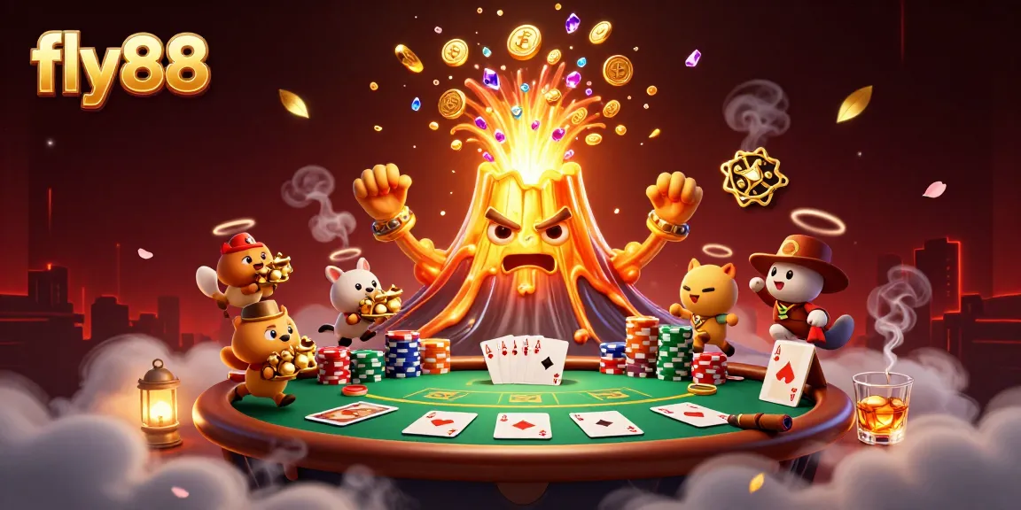Engage with fly88 casino visuals featuring a triumphant volcano erupting coins and poker elements.
