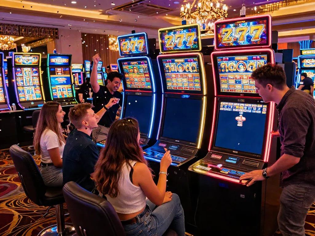 Excited players enjoying Lucky777 slot machines in a vibrant casino setting.