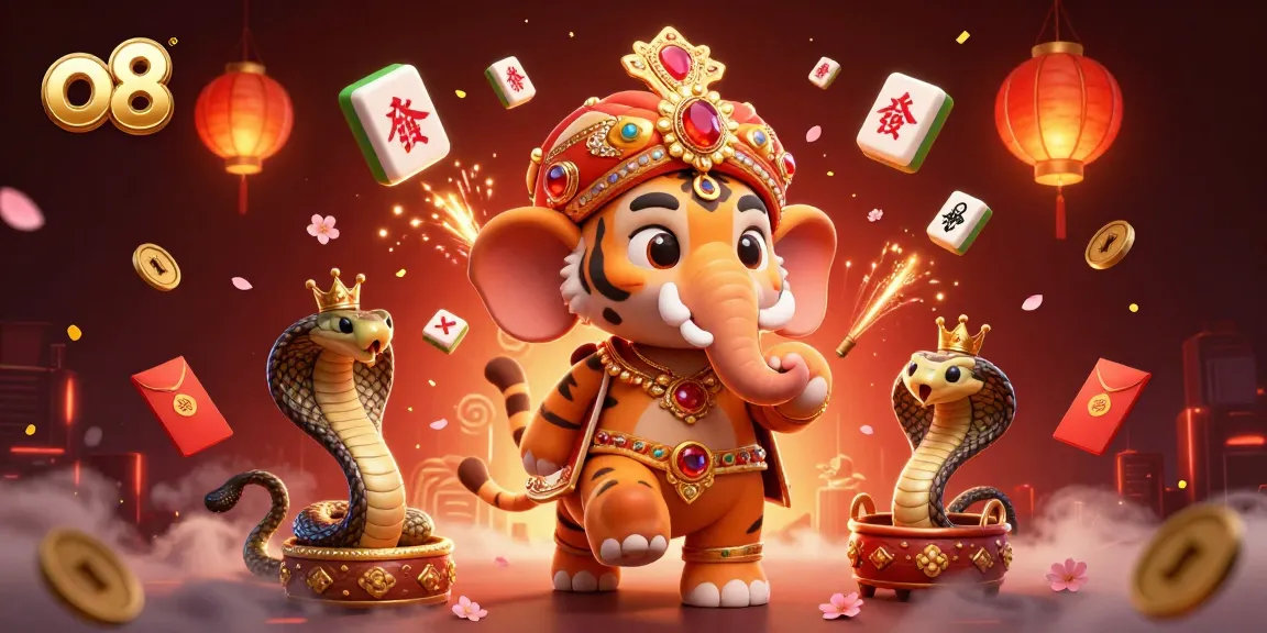 Spin and win at o8 casino with the vibrant 3D illustration of winning characters and festive elements.