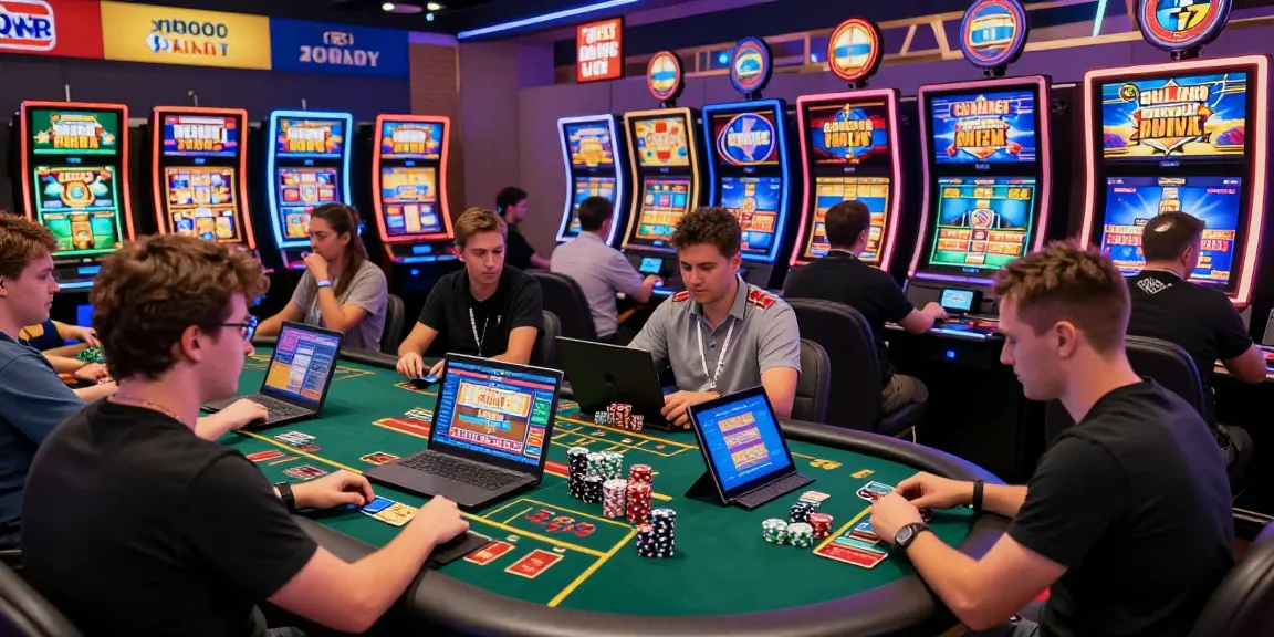 Exciting scene at credit card casinos, showcasing players immersed in gaming action with visible credit cards and vibrant gaming options.