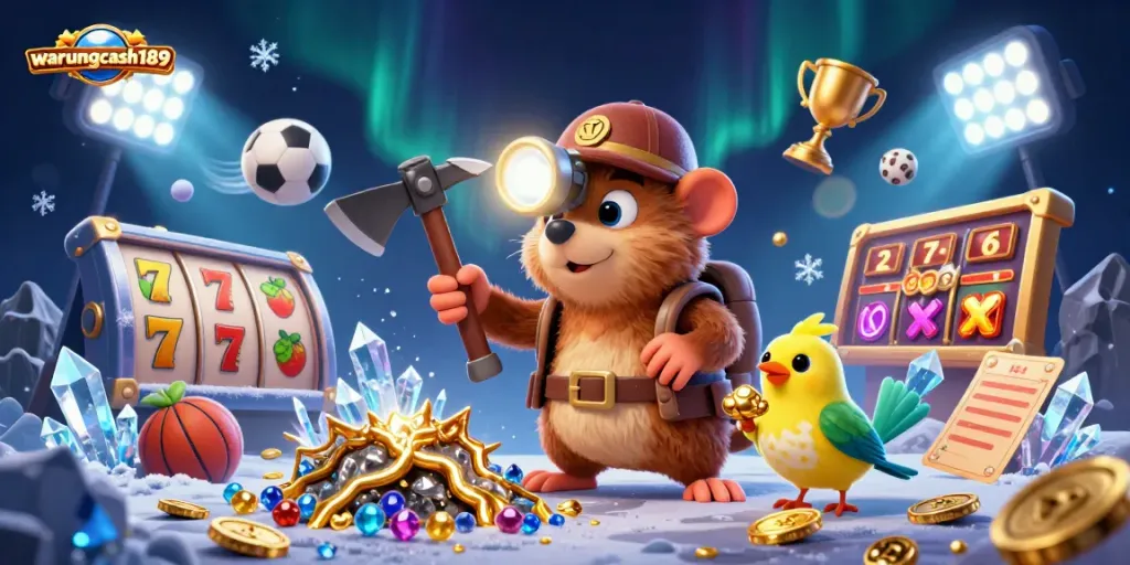 Engage with warungcash189 through thrilling slots featuring vibrant symbols and a treasure hunter in action.
