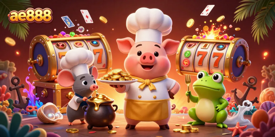 Join the fun at ae888, where a chef pig serves gold coins amidst a vibrant casino scene.