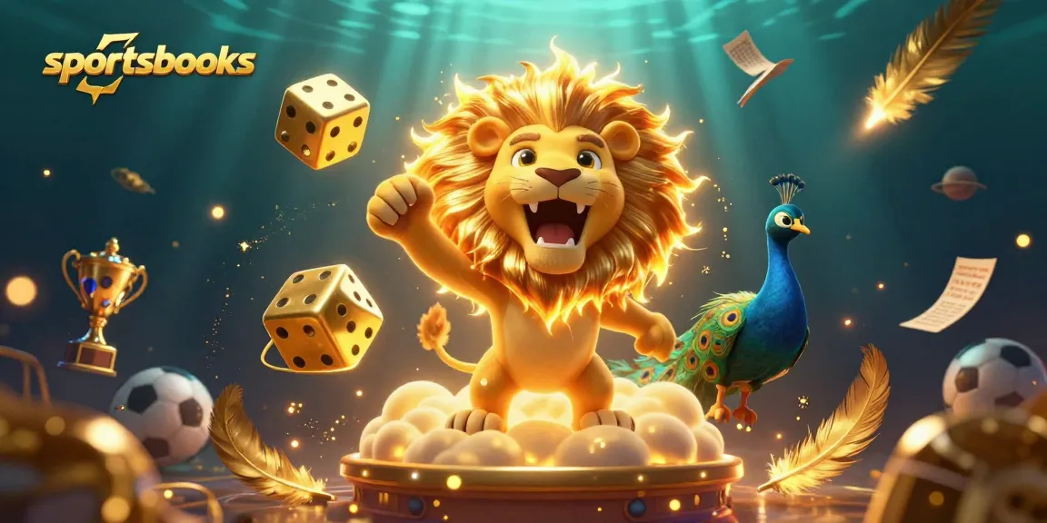 Engage with sportsbooks featuring a roaring sun lion and dynamic sports elements in a 3D illustration!
