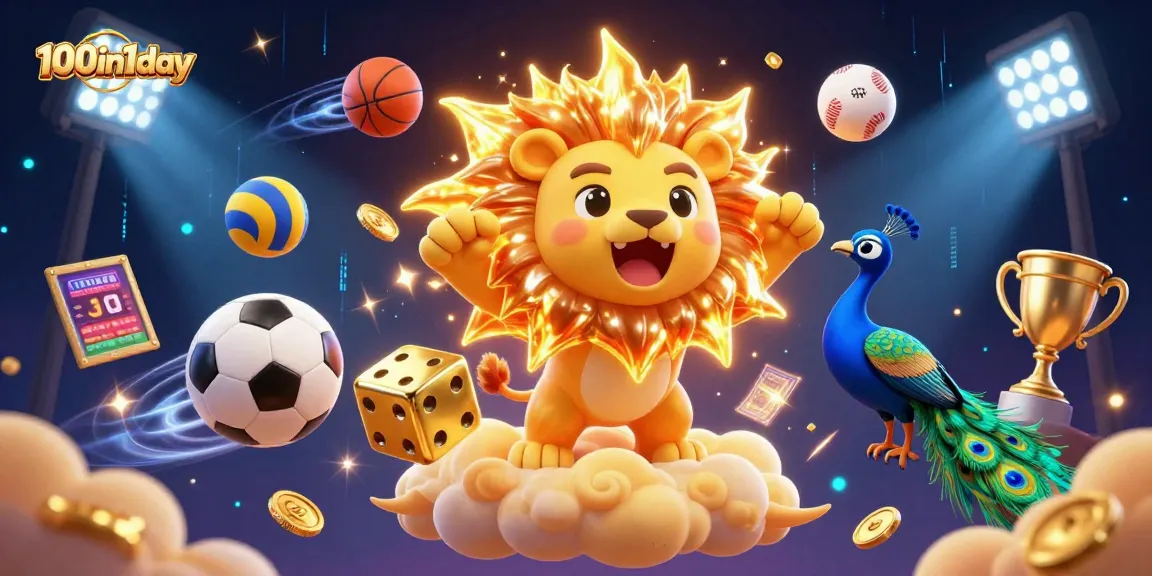 Engage in thrilling 100in1day casino events with a dynamic 3D illustration of a roaring sun lion and golden dice.
