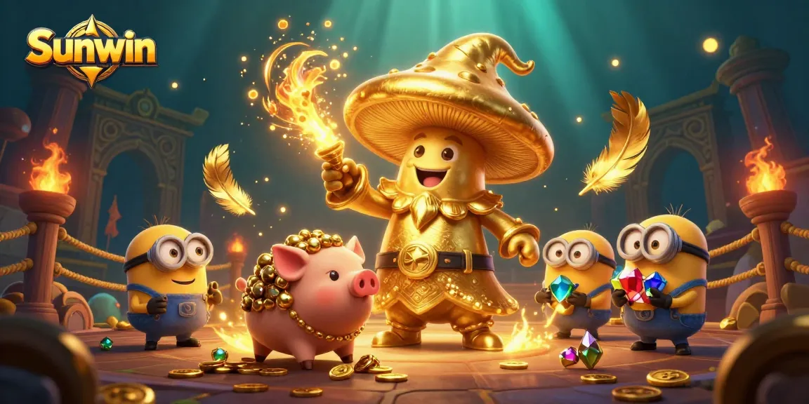 Experience thrilling games at Sunwin with a golden wizard casting magical rewards amidst sparkling treasures.