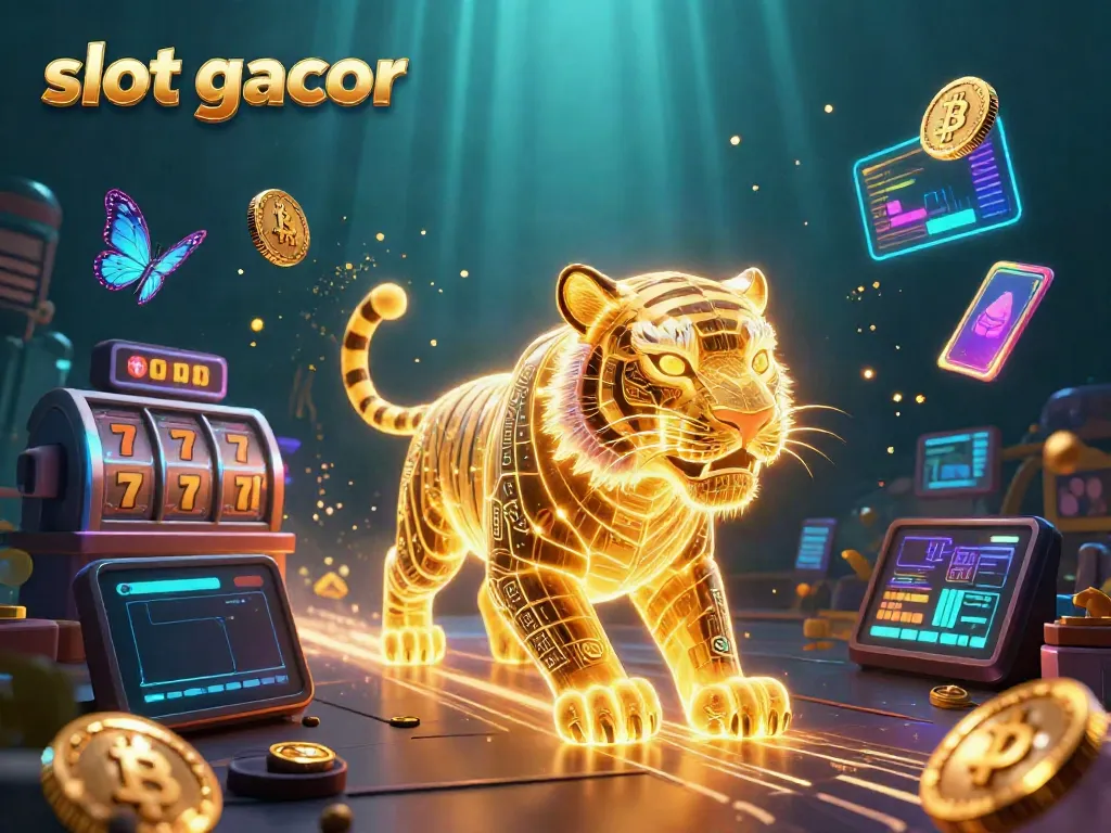 Slot gacor menampilkan harimau emas neon di kasino digital yang dikelilingi oleh simbol keberuntungan.