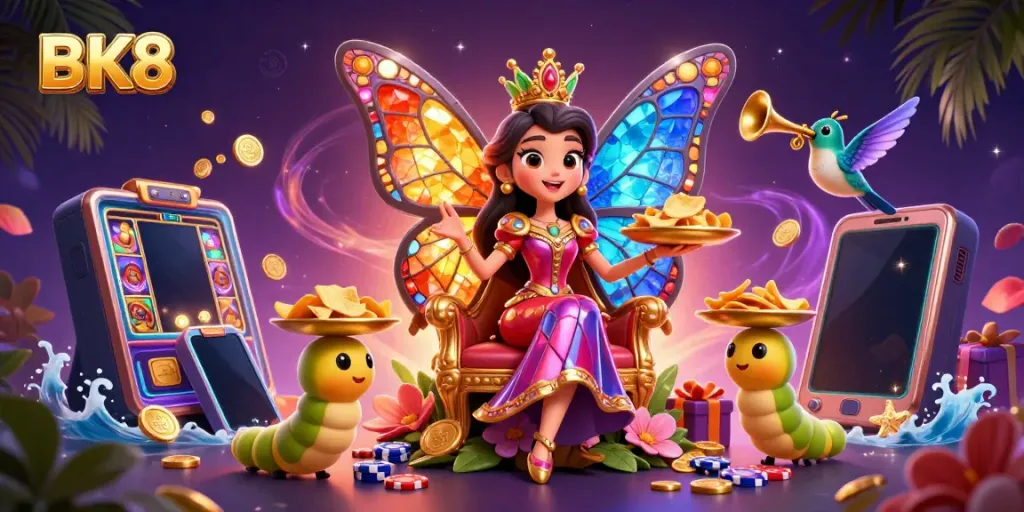 Experience the whimsical BK8 casino world with a butterfly queen, gaming elements, and vibrant magical effects.
