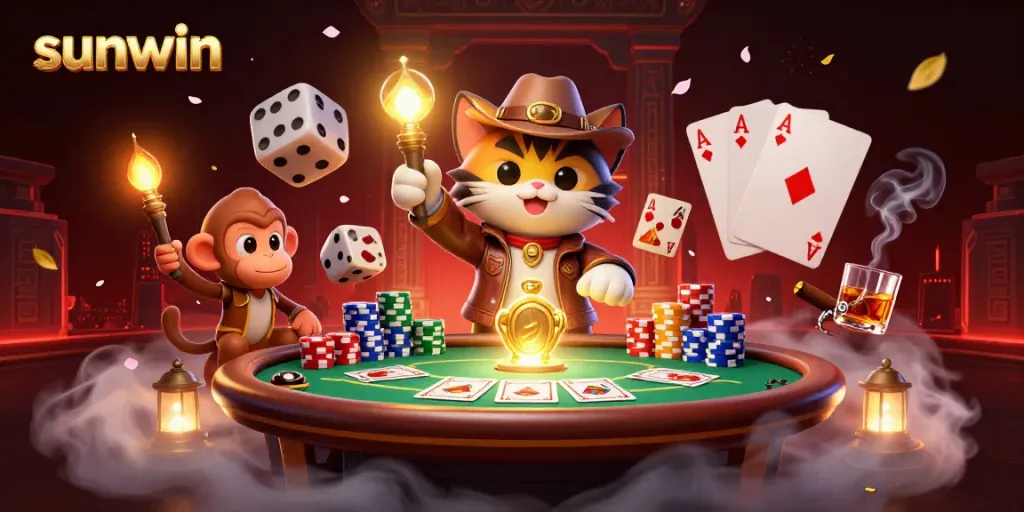 Experience exciting wins at Sunwin with a lively 3D illustration of an archaeologist cat discovering a golden casino artifact.