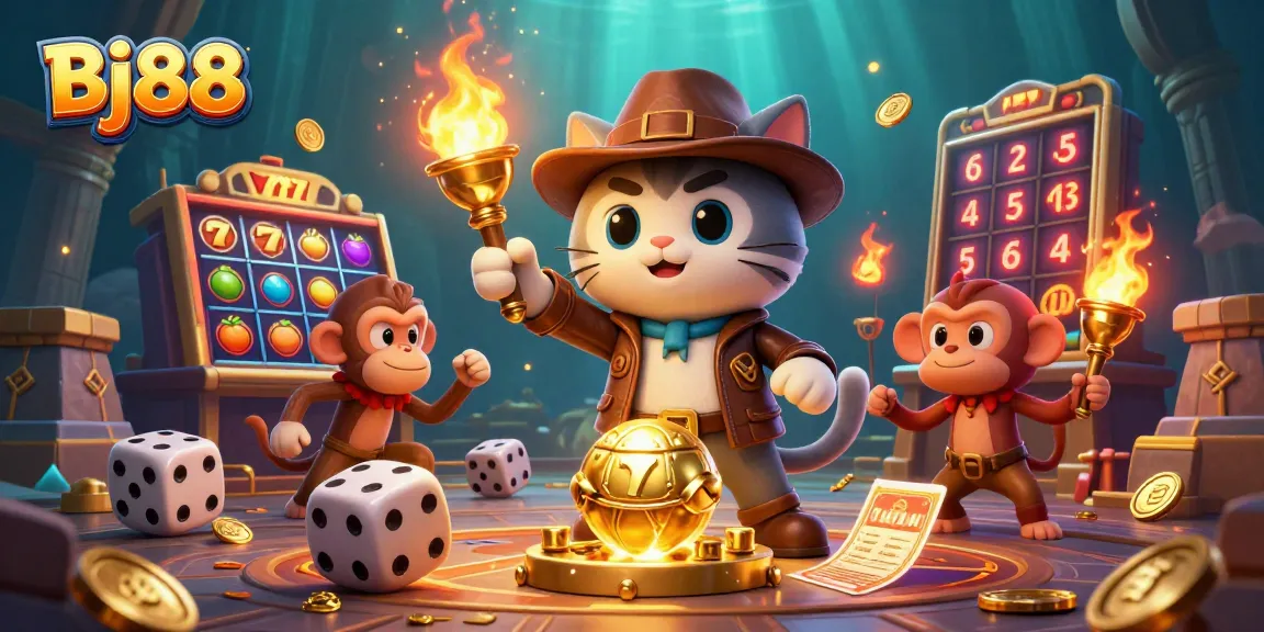 Bj88 offers thrilling gaming experiences with colorful slot symbols and casino artifacts in a dazzling setting.