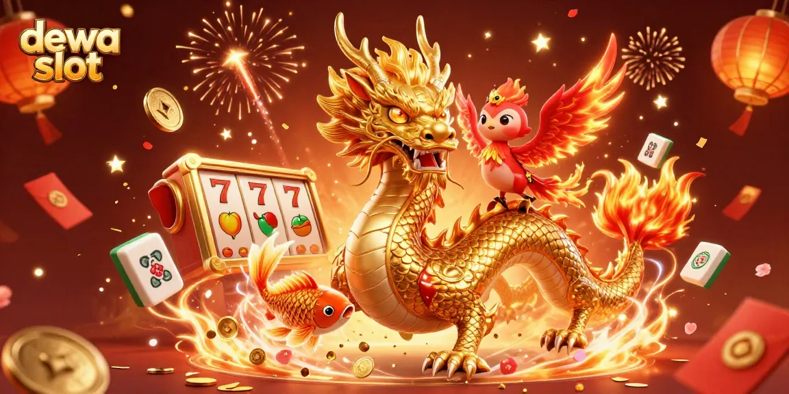 Win big with dewa slot as a golden dragon and phoenix soar through a dynamic casino scene.