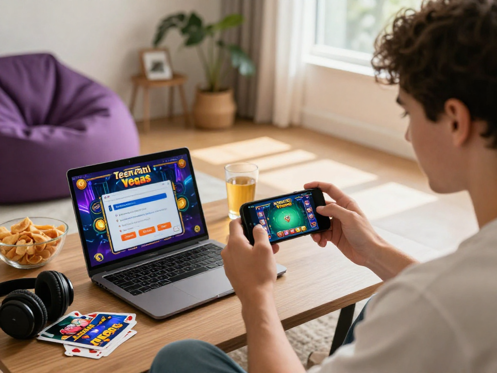 Engaging scene of a young player enjoying the mobile version of Teen Patti Vegas in a cozy living room with vibrant game graphics.