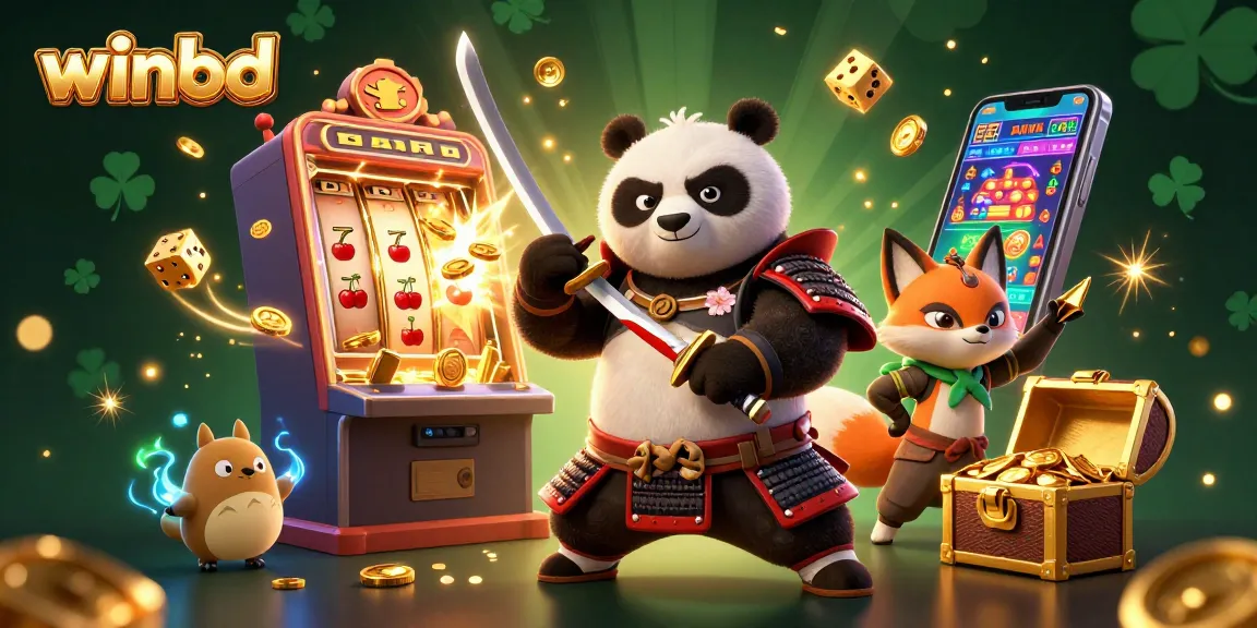 Winbd offers a thrilling experience with a dynamic 3D scene of a samurai panda and ninja fox enjoying casino excitement.